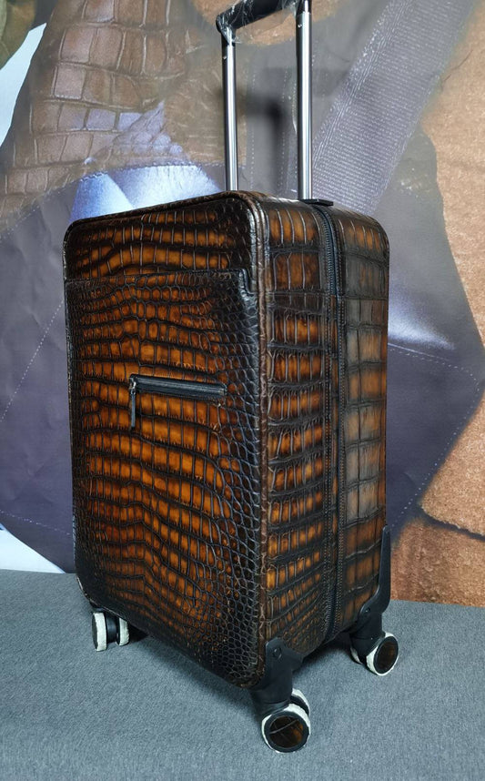 Preorder Retro Brown Crocodile Leather Trolley/Roll Aboard Suitcase Weekend/Travel Bag Trolley Case Universal Wheels 20-Inch