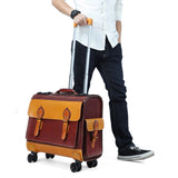 Unisex 23"  Genuine Vegetable Tanned Leather Rolling Duffle Bag Trolley Wheeled Carry On Luggage Suitcase Tote