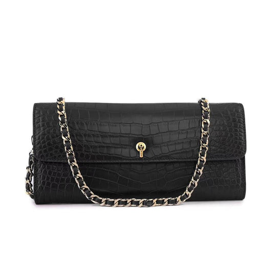 Women's Crocodile Leather Pouches Chain Pouchette Clutch Bags Black