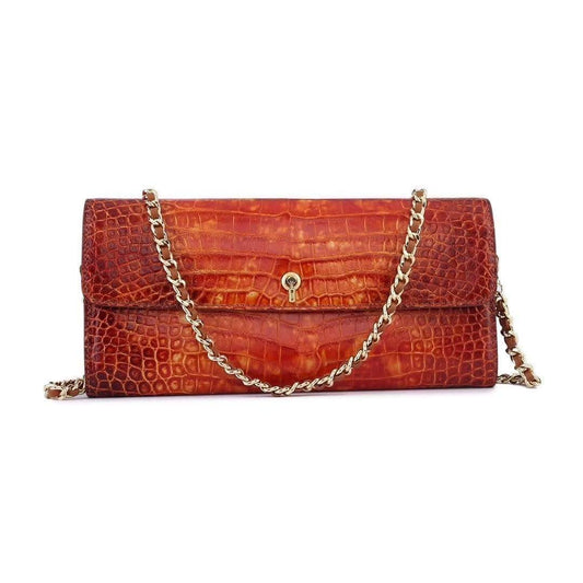 Women's Crocodile Leather Pouches Chain Pouchette Clutch Bags Orange