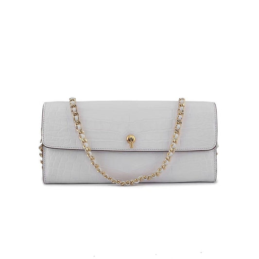 Women's Crocodile Leather Pouches Chain Pouchette Clutch Bags White