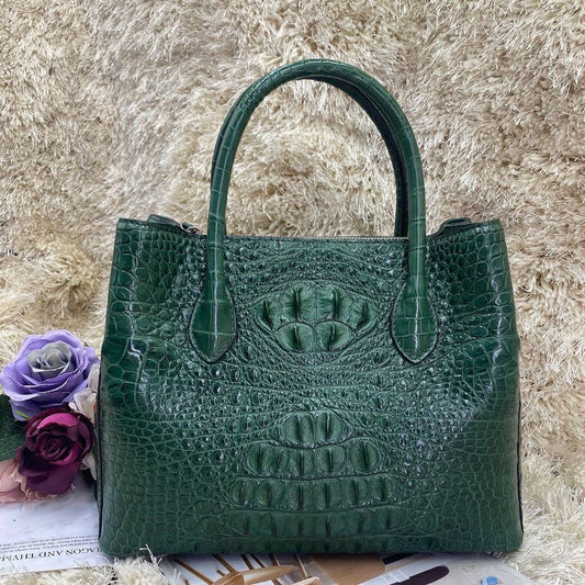 Womens Crocodile Skin Leather Satchel Bag 30cm Dark Green