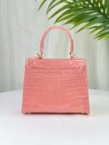 Womens Pale Rose Pink Shiny Crocodile Leather Top Handle Cross Body  Bag