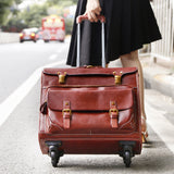 20" Vintage Vegetable Tanned Leather Carry-On Rolling Luggage, Universal Spinner Old Vintage Vegetable Tanned Leather Wheeled Suitcase Brown