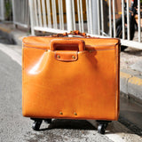20" Vintage Vegetable Tanned Leather Carry-On Rolling Luggage, Universal Spinner Old Vintage Vegetable Tanned Leather Wheeled Suitcase Camel