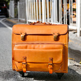 20" Vintage Vegetable Tanned Leather Carry-On Rolling Luggage, Universal Spinner Old Vintage Vegetable Tanned Leather Wheeled Suitcase Camel