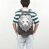 3D Lion Studde Flat Backpack PU Leather Soft Travel Punk Backpack Laptop Bag