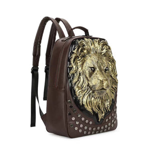 3D Lion Backpack Rockstud Flat PU Leather Soft Travel punk  Backpack Laptop School Bag
