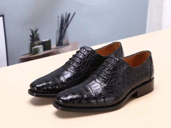 Black Men's  Crocodile Belly Leather  Lace Ups Shoes- Men's Dress Shoe,Goodyear Sole