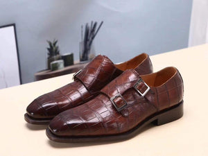 Brown Mens Shoes  Crocodile Belly Leather Monk Double Strap Dress Shoes,Goodyear Sole
