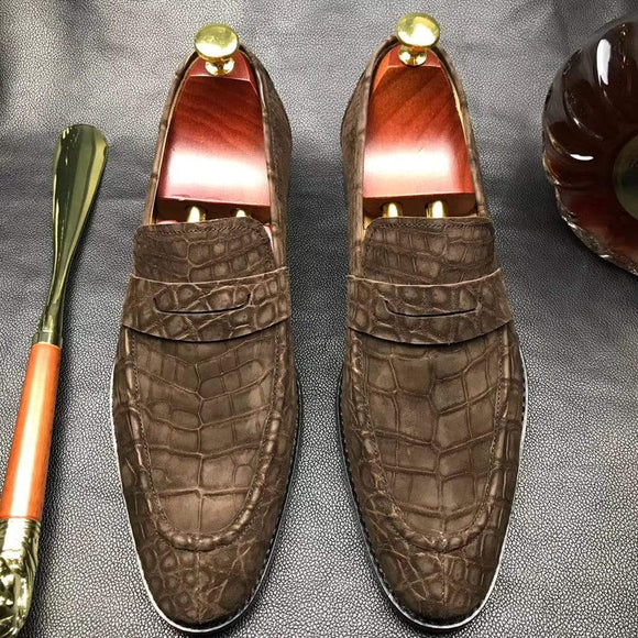 Classic Sanded Genuine Crocodile Leather Slip On loafers driving shoes Brown