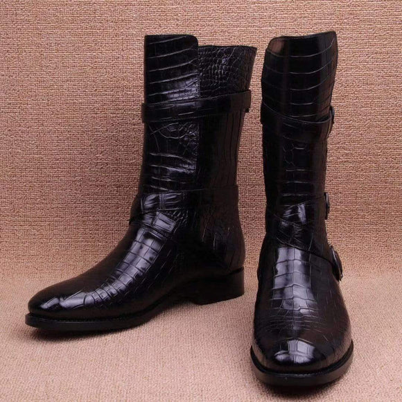 Crocodile Leather Long Lace Up Boots Black For Men