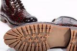 Crocodile Leather Rivet Square Toe Lace Up Boots