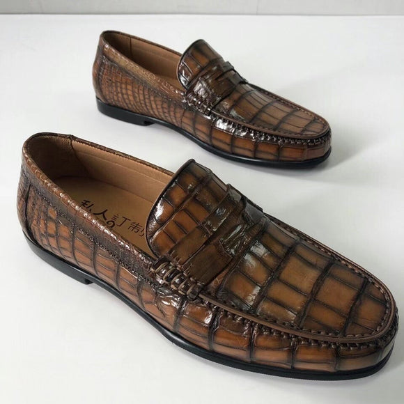 Crocodile  Leather Shoes Mens Slip-On Driving Loafer Shoes Vintage Blue
