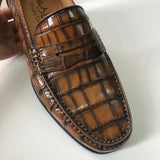 Crocodile  Leather Shoes Mens Slip-On Driving Loafer Shoes Vintage Brown