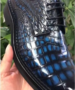 Crocodile  Leather Shoes Mens Slip-On Driving Loafer Shoes Vintage Blue