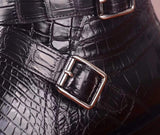 Crocodile Leather  Side Zipper Double Crossed Strap Boots