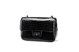 Crocodile Leather Twist-lock Flap Chain Shoulder Bag In Black