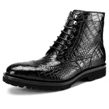 Crocodile Leather Wingtip Lace Up Boots Black