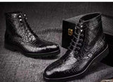 Crocodile Leather Wingtip Lace Up Boots Black