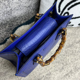 Crocodile Skin Leather Shoulder Crossbody Bag With Bamboo Handle Blue