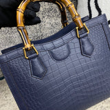 Crocodile Skin Leather Shoulder Crossbody Bag With Bamboo Handle Dark Blue