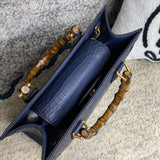 Crocodile Skin Leather Shoulder Crossbody Bag With Bamboo Handle Dark Blue