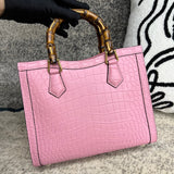 Crocodile Skin Leather Shoulder Crossbody Bag With Bamboo Handle Pink
