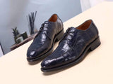 Dark Blue Men's  Crocodile Belly Leather  Lace Ups Shoes- Men's Dress Shoe,Goodyear Sole