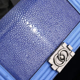Designer Genuine Stingray Skin Leather Flap Purse Cross Body Shoulder Bag Blue