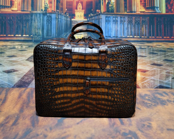 Genuine Crocodile Leather Large Travel Duffel Bag Vintage Brown