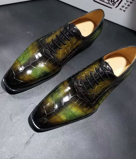 Genuine Crocodile Leather Mens Lace up Dress Shoes Hand Painted Vintage Green
