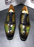 Genuine Crocodile Leather Mens Lace up Dress Shoes Hand Painted Vintage Green