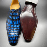 Genuine Crocodile Leather Mens Penny Loafers Dress Shoes Hand Painted Vintage Blue
