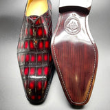 Genuine Crocodile Leather Mens Penny Loafers Dress Shoes Hand Painted Vintage Wine Red