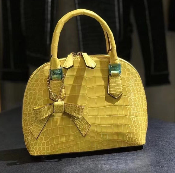 Genuine Crocodile  Leather  Shell Top Handle Cross Body Tote Bags For S/S Yellow