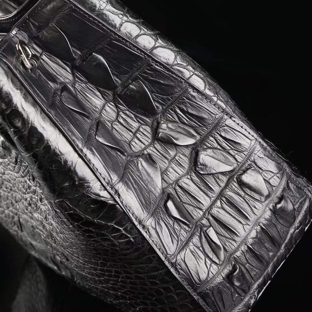 Genuine crocodile leather medium double satchel handbag by Rossie Viren, 33cm, featuring elegant design and sturdy handles.