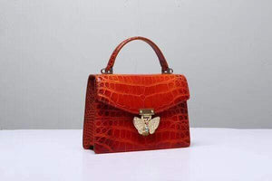 Genuine Siamese Crocodile  Belly Leather Top Handle Shoulder Bag Vintage Red