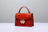 Genuine Siamese Crocodile  Belly Leather Top Handle Shoulder Bag Vintage Red