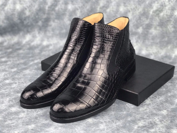 Genuine Skin Crocodile Leather Chelsea Ankle Boots