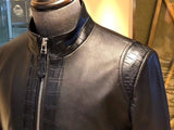 Goatskin Leather With Crocodile Belly Leather Trim  Biker Bomber Jacket For Men