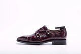 Goodyear Fashion Double Monk Strap Mens Dress Shoes Crocodile Leather - Wine Red
