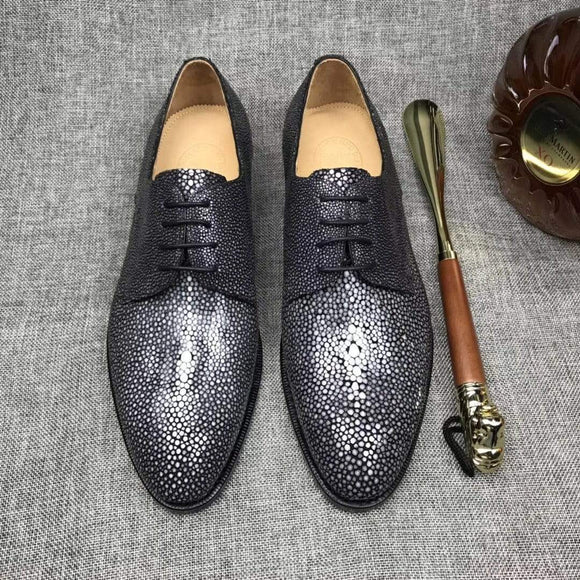 Gray Lizard Leather Lace-Up Shoes For Men