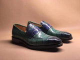 Green Men's Crocodile Leather Loafers,Slip-Ons Diving Shoes, Penny Loafers Shoes