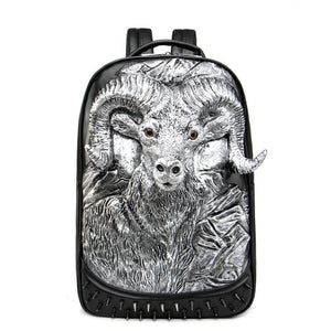 Large Studded Backpack 3D Goat Head Sculpture Backpack  Laptop Travelling Rucksack Bag