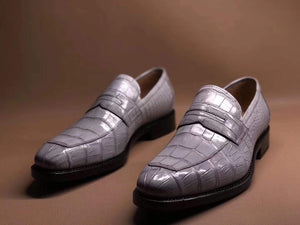 Light Grey Men's Crocodile Leather Loafers,Slip-Ons Diving Shoes, Penny Loafers Shoes