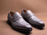 Light Grey Men's Crocodile Leather Loafers,Slip-Ons Diving Shoes, Penny Loafers Shoes