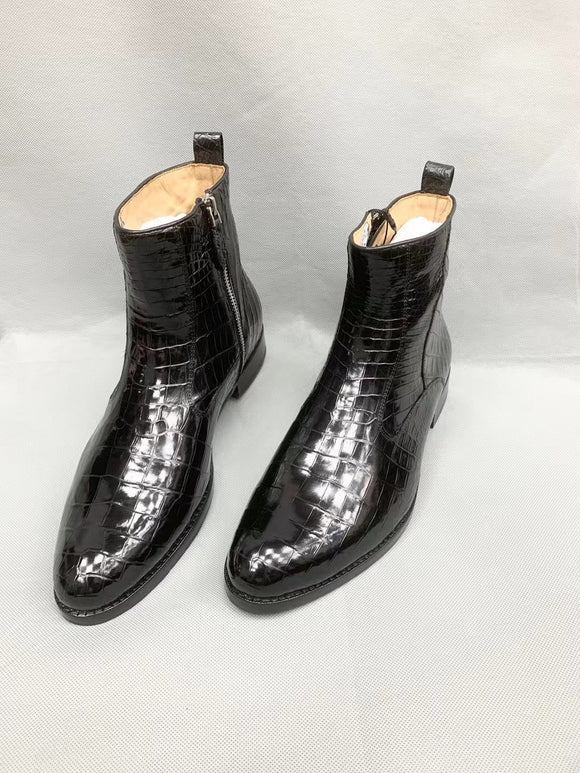 Men Black Ankle Crocodile  Leather Boot, Men Side Zipper Boot, Men Crocodile Leather Boots