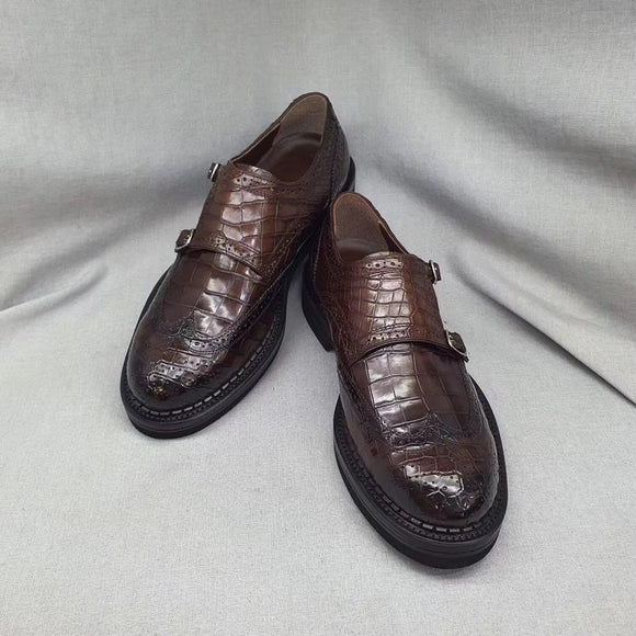 Men's Crocodile Leather Brogue Lace-Up Shoes Brown