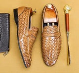 Men's Genuine Leather Handmade Woven Loafer Slip On Business Shoes